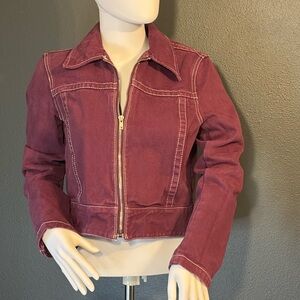 J Galt Semi Cropped Purple Jean Jacket White Stitching Zipper Front Sz Medium